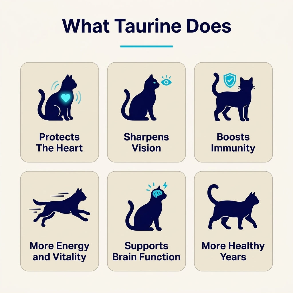 Cream infographic headed What Taurine Does, with six navy cat icons and short labels