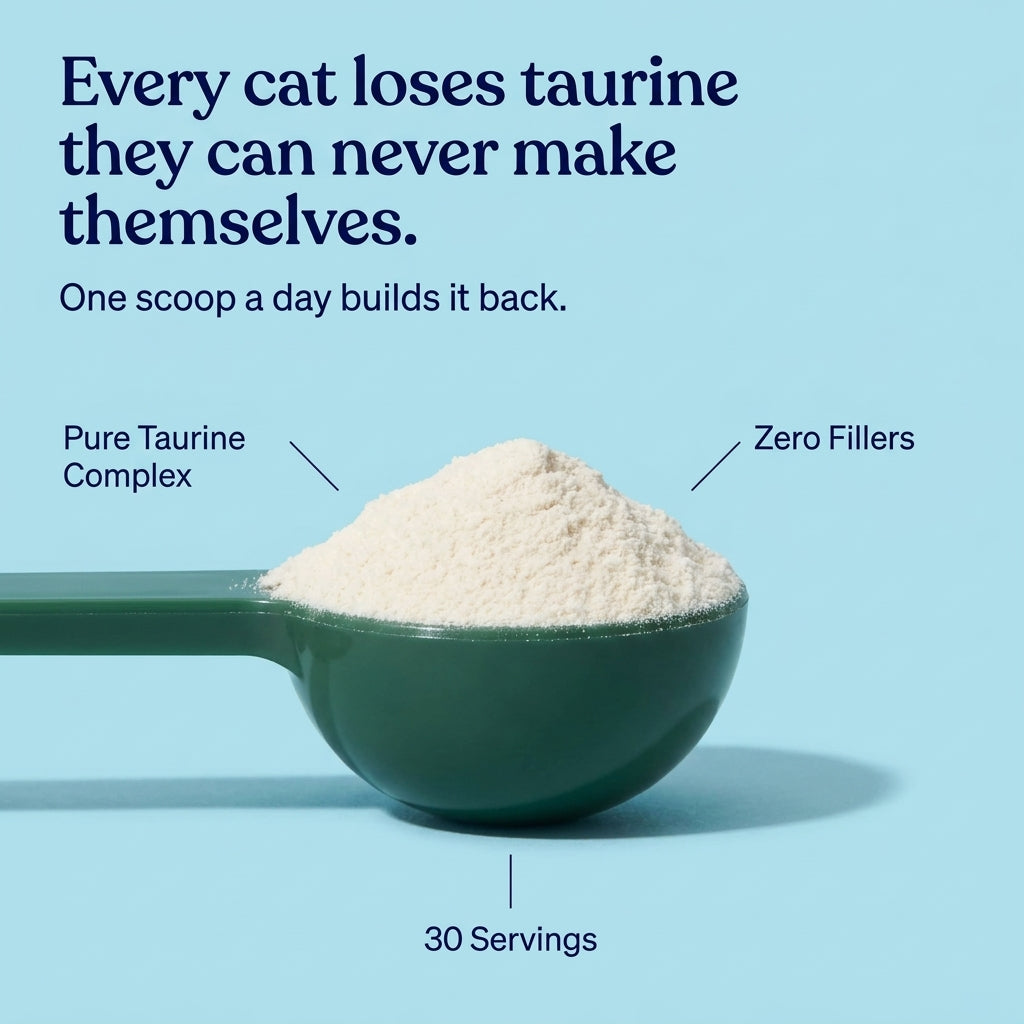 A heaped green scoop of white powder on a pale aqua background, with a serif headline and short callouts including zero fillers and 30 servings