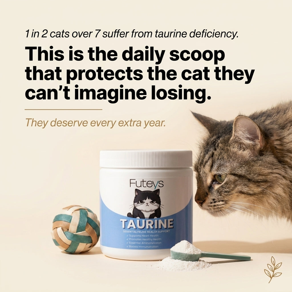 A tabby cat leaning towards a Futeys tub and a scoop of white powder on a warm beige surface, with a woven toy ball and campaign headline text