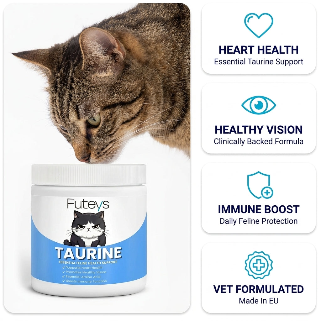 A tabby cat sniffing a white Futeys taurine tub with a blue label, beside a column of four icon cards on heart, vision, immunity and the formula