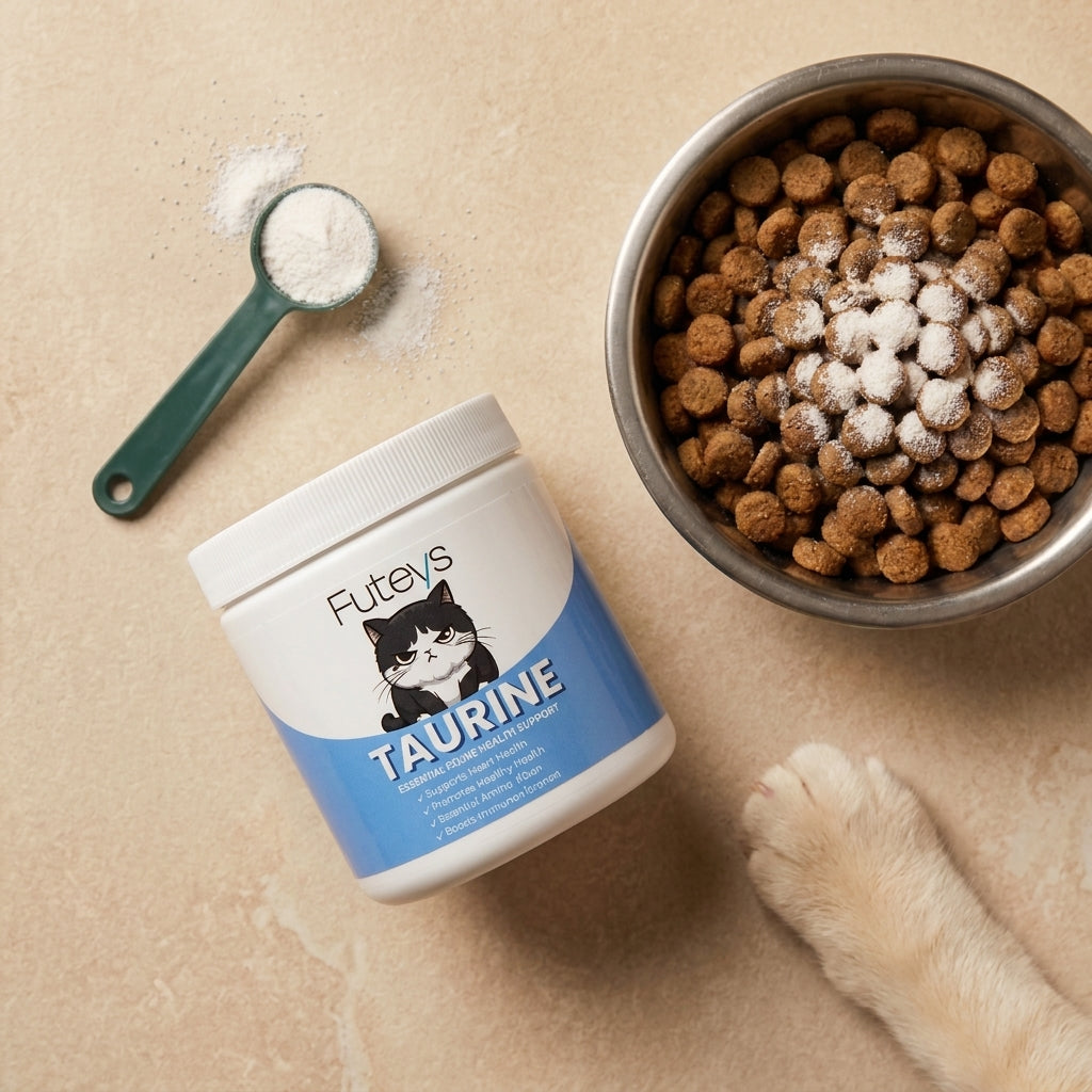 Top-down photo on beige: a Futeys taurine tub on its side, a green scoop of white powder, a steel bowl of dry cat food dusted with powder, and a cat's paw